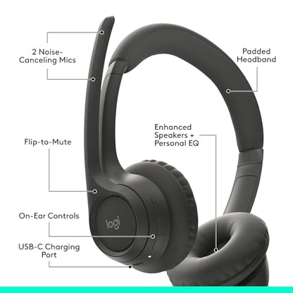 Logitech Zone 300 Wireless Bluetooth Headset with Noise-Canceling Microphone, Compatible with Windows, Mac, Chrome, Linux, iOS, iPadOS, Android – Graphite (Renewed)