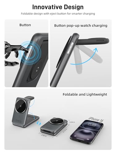 Wireless Charger for Apple, 3 in 1 MagSafe Charger Foldable Magnetic Charger for iPhone 17/16/15/14 Series, Airpods Pro 2, iWatch Series 10/9/8/7, Travel Charging Station for Apple Multiple Devices