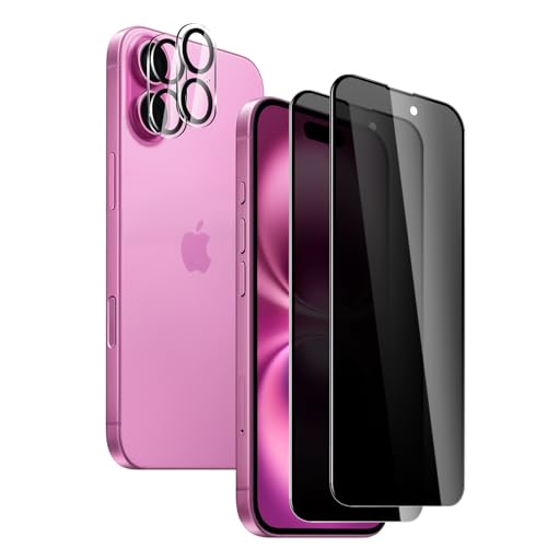 2 Pack Privacy Screen Protector for iPhone 16 Plus with 2 Pack Camera Lens Protector, 9H Hardness Double Shatterproof Anti-Spy Tempered Glass Film, Easy Installation - size: iPhone 16 Plus