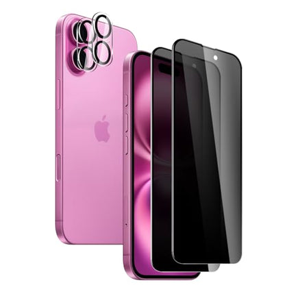 2 Pack Privacy Screen Protector for iPhone 16 Plus with 2 Pack Camera Lens Protector, 9H Hardness Double Shatterproof Anti-Spy Tempered Glass Film, Easy Installation - size: iPhone 16 Plus