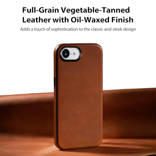 Belemay Handcrafted Full-Grain Vegetable-Tanned Leather Case for iPhone 17e / iPhone 16e, Compatible with MagSafe, Two-Tone Effect, Natural Patina, Metal Buttons Luxury Cover (6.1"), Saddle Brown - color: Saddle Brown