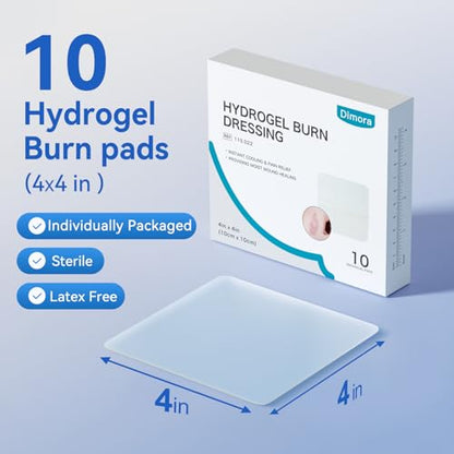 Dimora Hydrogel Burn and Wound Dressing 4" x 4" - Hydrogel Nipple Pads Instant Cooling Relief for Minor Burns & Wounds, Soothing Moist Burn Pads for 1st-2nd Degree Burns, Cuts, Abrasions, (10 Count) - size: 4" x 4" (10 Count)