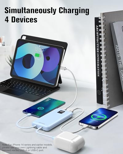 AsperX 2-Pack 10000mAh Portable Charger Built-in USB C Cables, LED Display - color: Bule+pink