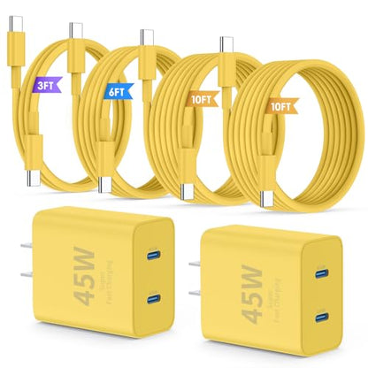 QZIIW iPhone 17 16 15 Pro Max Fast Charger,45W Dual Port USB C Fast Charger - color: Yellow, size: 3FT+6FT+10FT+10FT