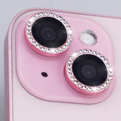 Camera Lens Protector for iPhone 15/15 Plus/14/14 Plus Bling Diamond Metal Ring Rhinestone Tempered Glass Lens Cover Accessories (Pink) - color: Pink