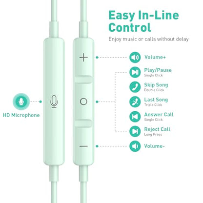 USB C Headphones Magnetic Wired Earbuds with Mic Volume Control 4ft Green - color: Green