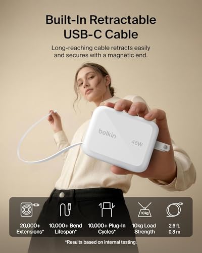 Belkin 45W GaN USB C Retractable Charger Block Fast Charging for Travel - color: White, style: 45W