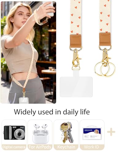Phone Lanyard Crossbody Strap, Adjustable Neck Strap and Wristlet Strap for Phone Wallet ID Badge with 2 Phone Tabs - color: Orange Love Hearts