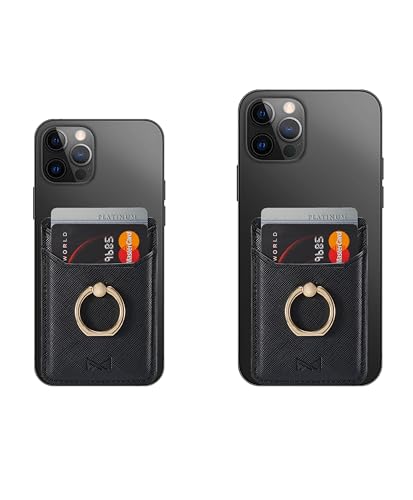 Card Holder Sleeve with Ring, RFID Credit Wallet PU Leather Stick On Back Grip for iPhone Samsung Smartphone - Black