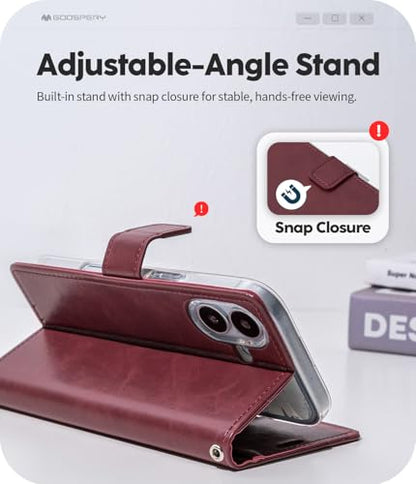 GOOSPERY Bluemoon Folio Wallet Case for iPhone 17, Flip Cover with Card Holder, Kickstand, Magnetic Closure, Shockproof TPU + PU Leather - Wine - color: Wine, size: iPhone 17
