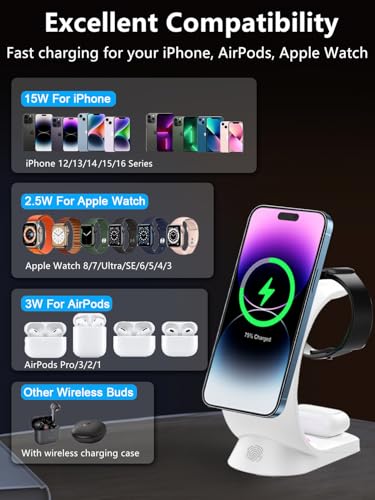 Mag-Safe 3 in 1 Wireless Charging Station, 15W Magnetic Wireless Charger - color: White