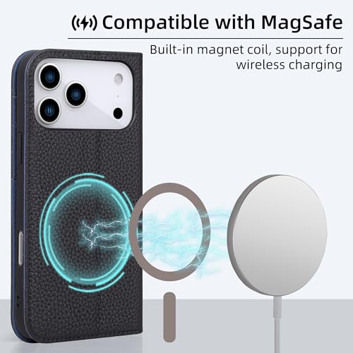 VISOUL Pebbled Leather Wallet Case for iPhone 17 Pro Max 6.9" 2025, Genuine Leather Flip Folio Cover with RFID Blocking Card Holders, Kickstand, Soft TPU Protective Flip Cover -Black+Blue - color: Black+Blue