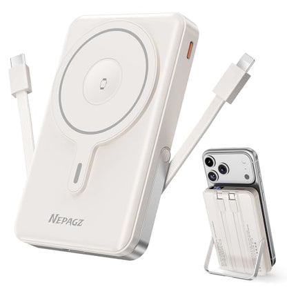 for Magsafe Portable Charger, 10000mAh Power Bank, Creamy White | PD 22.5W Fast Charging with USB-C Cable, Foldable Stand, Magnetic Wireless Charger for iPhone 17/16/15/14/13/12 Series - color: Creamy White