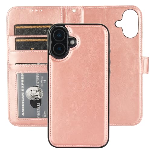 Bocasal Detachable Wallet Case Card Holder for iPhone 16 Plus, Rose Gold | RFID Blocking Kickstand Card Slots Holder PU Leather Magnetic Shockproof Wrist Strap Removable Flip Protective Cover 6.7 inch - color: Rose Gold
