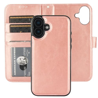 Bocasal Detachable Wallet Case Card Holder for iPhone 16 Plus, Rose Gold | RFID Blocking Kickstand Card Slots Holder PU Leather Magnetic Shockproof Wrist Strap Removable Flip Protective Cover 6.7 inch - color: Rose Gold