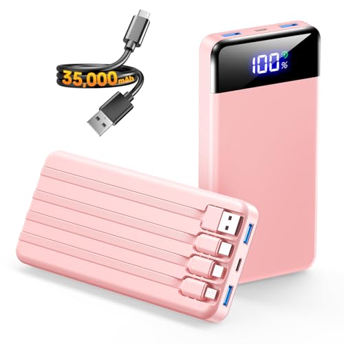 SABANI Portable Charger 35000mAh Power Bank, 4 Built in Cable Big Capacity - color: Bubblegum