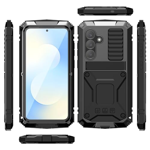 Simicoo for Samsung Galaxy S25 FE Metal Military Heavy Duty Case, Metallic Bumper Shockproof Dustproof Rugged Tough with Stand Screen Protector Camera Control Full Body Drop Protective Cover (Black) - color: Black