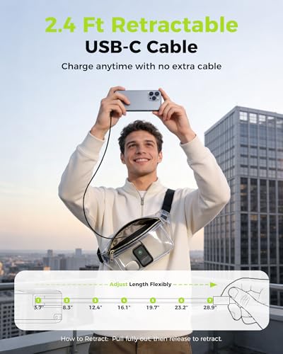CHARCO Portable Charger Power Bank 10000mAh, 45W Retractable USB‑C Cable