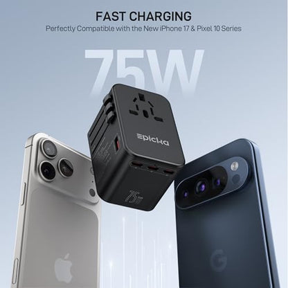 EPICKA 75W GaN PD Universal Travel Adapter, 3USB-C/2USB-A - style: 75W-5USB(3 USB-C) Black