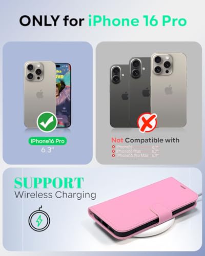 OCASE Compatible with iPhone 16 Pro Wallet Case, PU Leather Flip Folio Case with Card Holders RFID Blocking Kickstand [Shockproof TPU Inner Shell] Phone Cover 6.3 Inch 2024, Pink - color: Pink