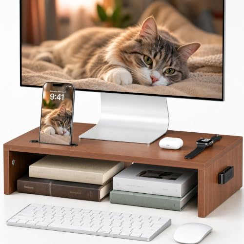 BONTEC Monitor Stand Riser with Cellphone Holder & Cable Management - color: Walnut, size: 16.7 Inch