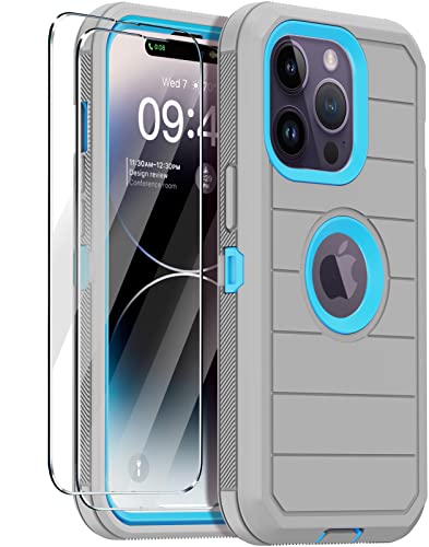 for iPhone 14 Pro Max Case with 2 Screen Protector,Full Body Shockproof Drop Protection Dust Proof Heavy Duty 3-Layer Military Rugged Durable Cover for Apple iPhone 14 Pro Max 6.7"(Gray/Blue) - color: Gray/Blue