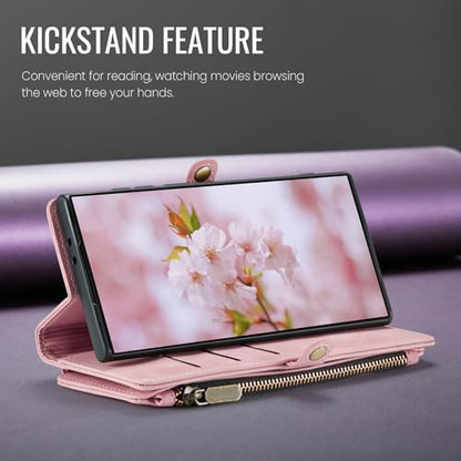 Defencase for Samsung Galaxy A15 5G Wallet Case with Card Holder, Rose Pink | Durable Soft PU Leather, with RFID Blocking Zipper Pocket & Wrist Strap, Flip Phone Cases Cover with Stand for Women and Men - color: Airy Rose Pink