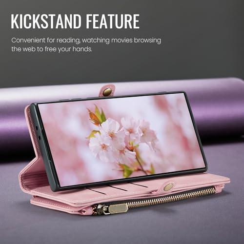 Defencase for Samsung Galaxy S25+/Plus Wallet Case with Card Holder, Pink | with RFID Blocking Zipper Pocket, Durable PU Leather, Wrist Strap, S25 Plus Flip Phone Cases Cover with Stand for Women Men - color: Airy Rose Pink