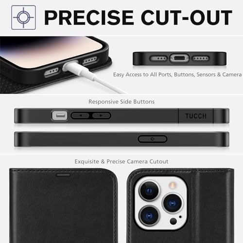 TUCCH Wallet Case for iPhone 14 Pro (6.1") 2022, 4 Card Slots, Black | RFID Blocking, Viewing Stand, Shockproof TPU Shell, PU Leather, Magnetic Closure, Protective Folio Flip Cover - color: Black