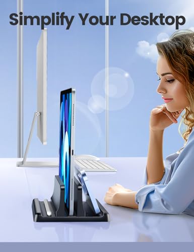 Vaydeer Vertical Laptop Stand Holder Organizer Plastic Adjustable Desktop Notebook Dock Space-Saving 3 in 1 for All MacBook Pro Air,Mac,HP,Dell,Microsoft Surface,Lenovo,up to 17.3 inches (Black) - color: Black