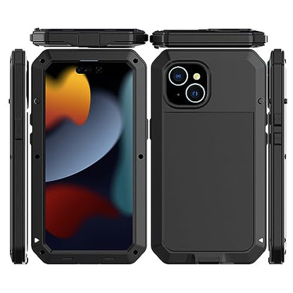 Compatiable with iPhone 15 Plus Case,360 Full Body Protective Cover Heavy Duty Shockproof Tough Armour Aluminum Alloy Metal Case with Silicone Built-in Screen Protector - Black