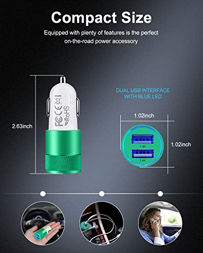 Car Charger [2Pack/3.4a] Fast Charge Dual Port USB Cargador Lighter Adapter - color: Green