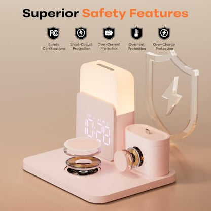 7 in 1 Wireless Charging Station, 25W Charger with Alarm Clock Night Light - color: Pink