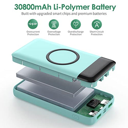 Wireless Portable Charger 30,800mAh,15W Wireless Charging USB C Power Bank,25W PD QC 4.0 Fast Charging 4 Outputs Travel Essentials Battery Pack Compatible with iPhone 17/16/15/14,Galaxy,Android-Green - color: Green