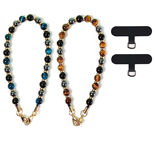 2 Pcs Phone Charm With Beaded Marble, Cell Phone Lanyard With Tether Tab, Chain Strap, Hands-Free Wrist Strap for Women Compatible With iPhone 14 Pro Max/ 13/ 12/ 11 - color: Yellow&blue