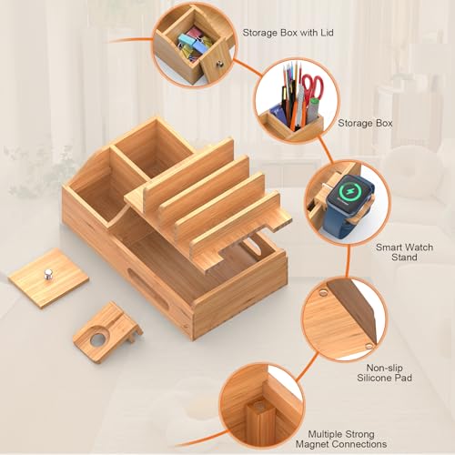Bamboo Charging Station for Multiple Devices with USB Charger, 5 Cables - color: Style 2