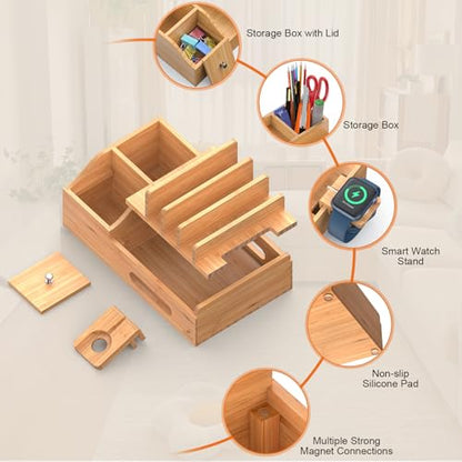 Bamboo Charging Station for Multiple Devices with USB Charger, 5 Cables - color: Style 2