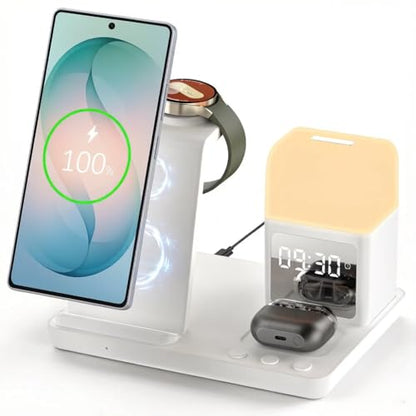 Wireless Charger for Samsung/Android, 6 in 1 Phone Nightstand Charging Station Charger with Alarm Clock/Night Light for Samsung S26/S25/S24 Ultra/Buds4,Watch Charger for Galaxy Watch 8/7/6/5 - color: Pearl