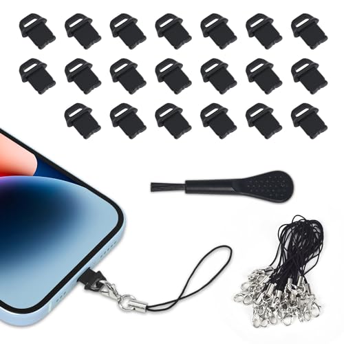20 Pcs Lightning Dust Plugs for iPhone 14 Pro Max/13/12/11 and AirPods, iPhone Port Charger Plug Protector Cover with Cleaning Brush Lanyards, Easy-Grip Tab - size: iPhone Port