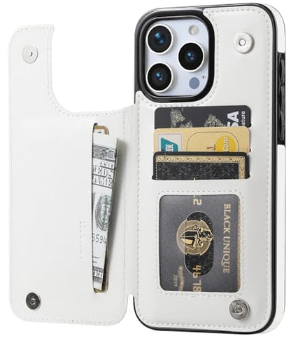 Wallet Case Compatible with iPhone 15 Pro Max(6.7"),Slim Protective case with Card Holder with 1 Screen Protective Glass,Premium PU Leather Kickstand Card Slots Case-White - color: White