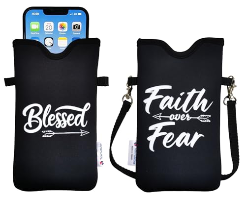 Tainada Neoprene Neck Cell Phone Sleeve Pouch w/Crossbody Strap (Blessed) | Small water-resistant shockproof lightweight cellphone pocket carrier holder with adjustable lanyard; Fits most smartphones - color: Blessed