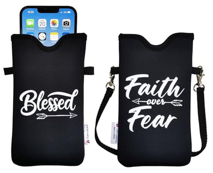 Tainada Neoprene Neck Cell Phone Sleeve Pouch w/Crossbody Strap (Blessed) | Small water-resistant shockproof lightweight cellphone pocket carrier holder with adjustable lanyard; Fits most smartphones - color: Blessed