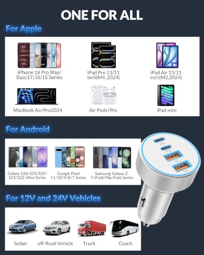 iPhone 18 17 16 Car Charger Fast Charging, 90W 4Port USB C Fast Car Charger - color: White