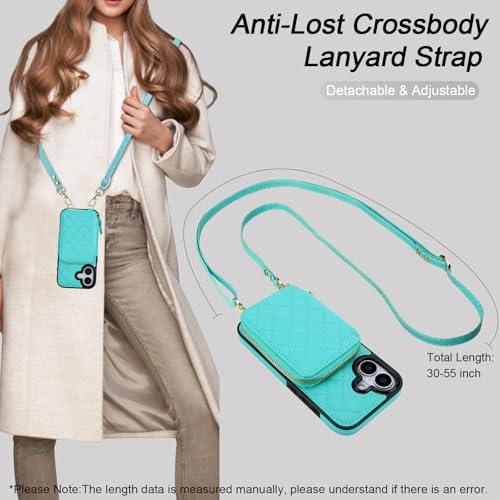 Bocasal Crossbody Wallet Case Card Holder for iPhone 17, Mint Green | RFID Blocking PU Leather Zipper Handbag Purse, Kickstand Flip Folio Case with Card Slots Holder Wrist Strap Lanyard 6.3 Inch - color: Green