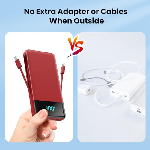 Portable Charger for iPhone with Built in Cables and Wall Plug,Upgraded 13800mAh Fast Charging USB C Power Bank,4 Outputs Travel Essential Battery Pack Compatible with iPhone 15/14/13/12,Galaxy-Red - color: Red