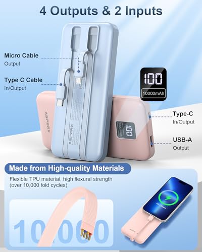 AsperX 2-Pack 10000mAh Portable Charger Built-in USB C Cables, LED Display - color: Bule+pink