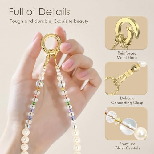 SURPHY Phone Charm, Handmade Beaded Phone Wrist Strap with Tether Tab - color: B- Pearl Crystals