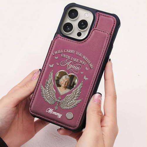 Custom Photo I Will Always Carry with Me Memorial - Personalized Leather Flip Wallet Phone Case Sympathy Gifts Remembrance Keepsake Protective Cellphone Cover Picture Loss of Loved One Multicolor