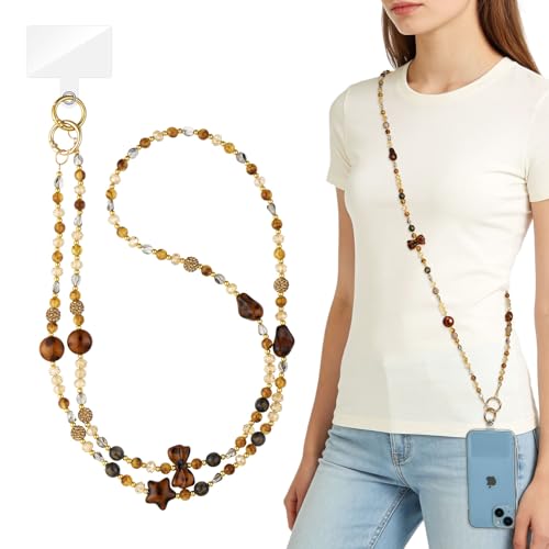 WOZEAH Crystal Cell Phone Lanyard Crossbody Strap for Women, Beaded Phone Strap for Cellphone Case with Tether Tab - color: Brown Leopard