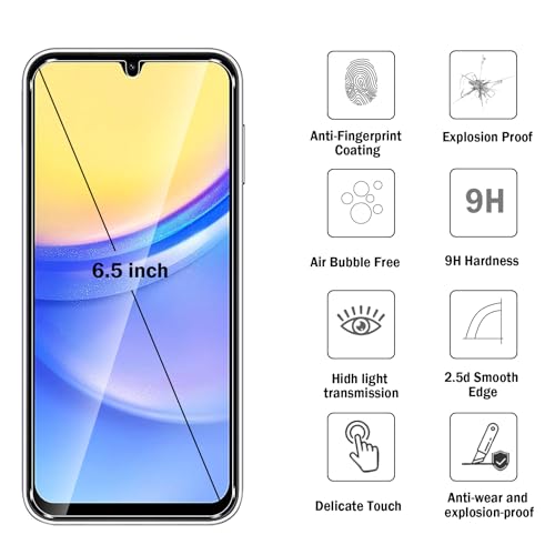 2 Pack Compatible with Samsung Galaxy A15 5G/4G Screen Protector,Full Coverage 9H Tempered Glass Film,HD Clear Scratch Resistant,Bubble-Free for Galaxy A15(6.5 Inch) Screen Protector - color: Samsung Galaxy A15 5G